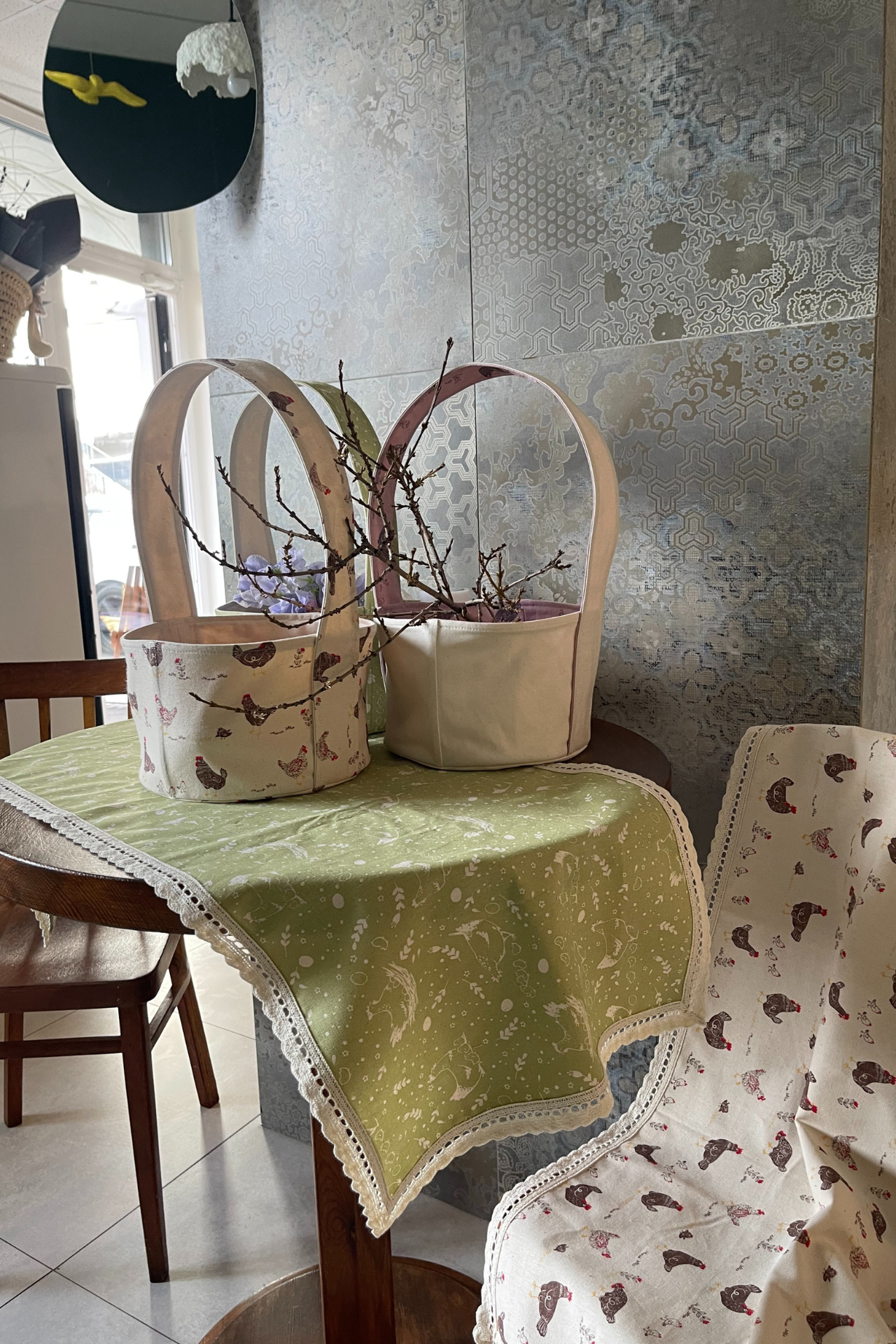 BASKET, PILLOW, RUNNER IN GREEN COLOR