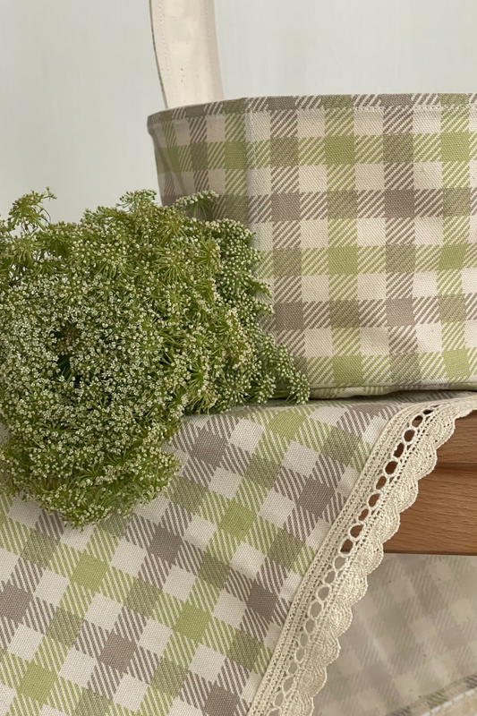 BASKET, PILLOW, RUNNER IN A SALAD PATTERN